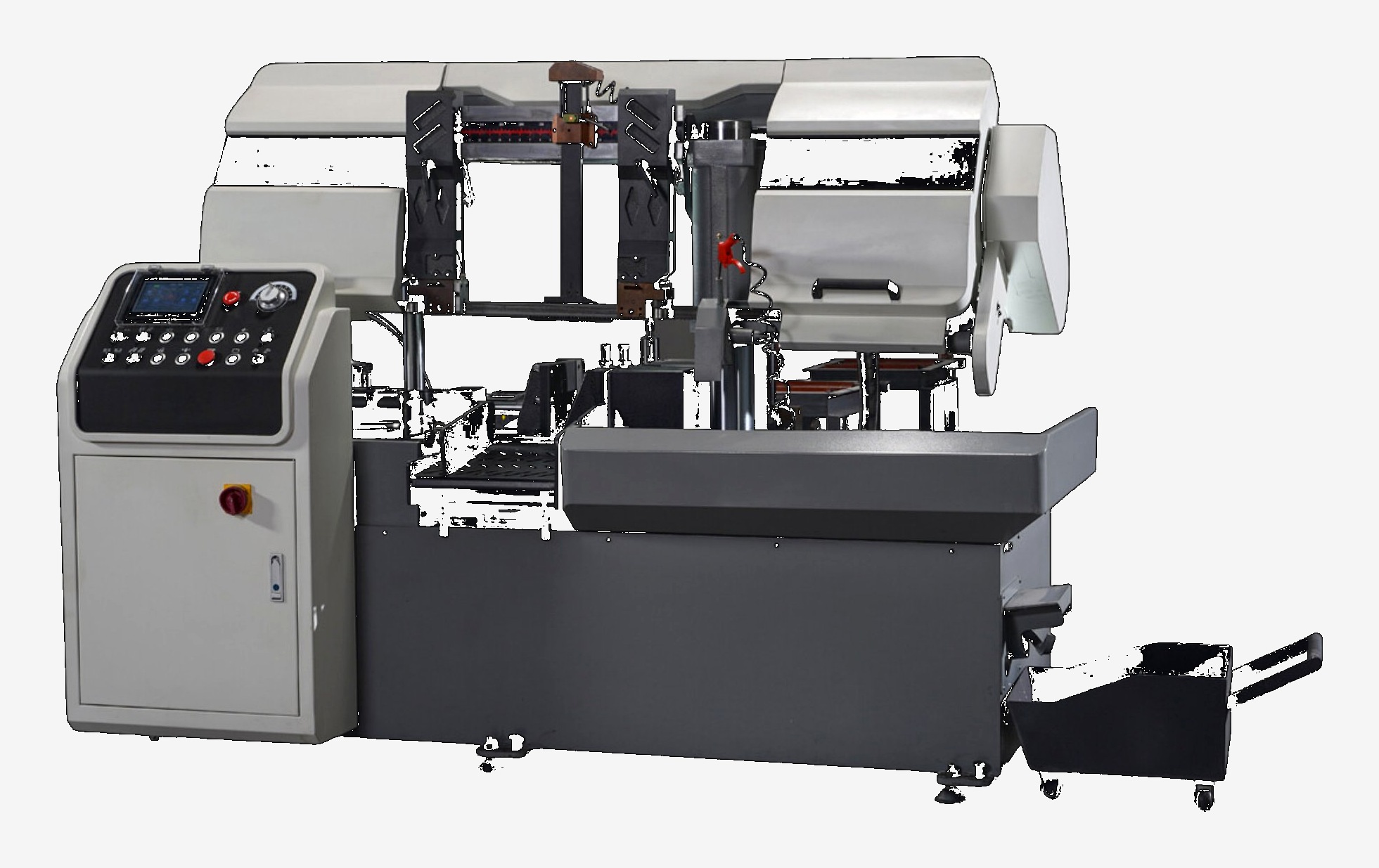 เครื่องเลื่อยสายพาน Semi-Automatic Horizontal Band Saw Machine สำหรับตัดเหล็กในโรงงานอุตสาหกรรม